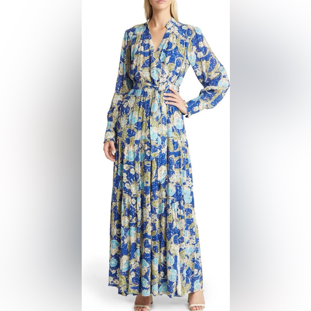 BTFL Life Blue & Green Floral Wrap Dress with Notched Collar and Bishop Sleeves